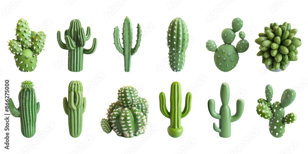 Set of 3D cactus plants on a white background. Set of 3D cactus plants on a white background.