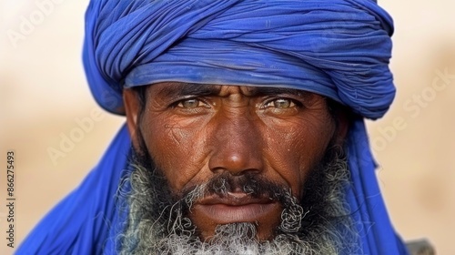 Portrait of a tuareg man with traditional blue turban in the desert