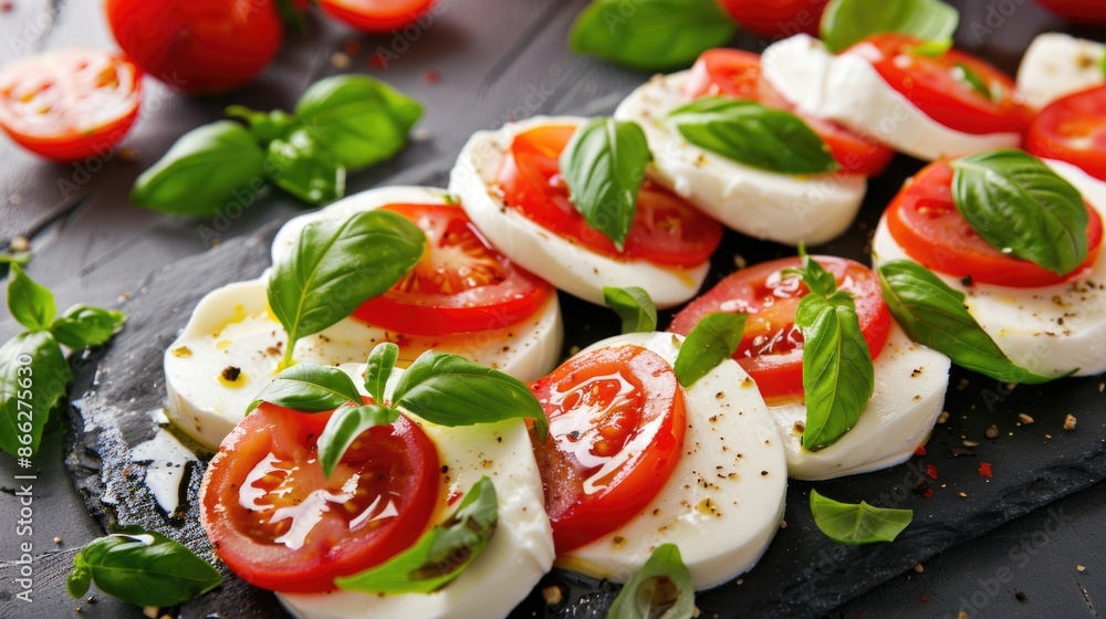 Close up of a caprese salad with fresh mozzarella, tomatoes, and basil on a black stone plate. Close up of a caprese salad with fresh mozzarella, tomatoes, and basil on a black stone plate.