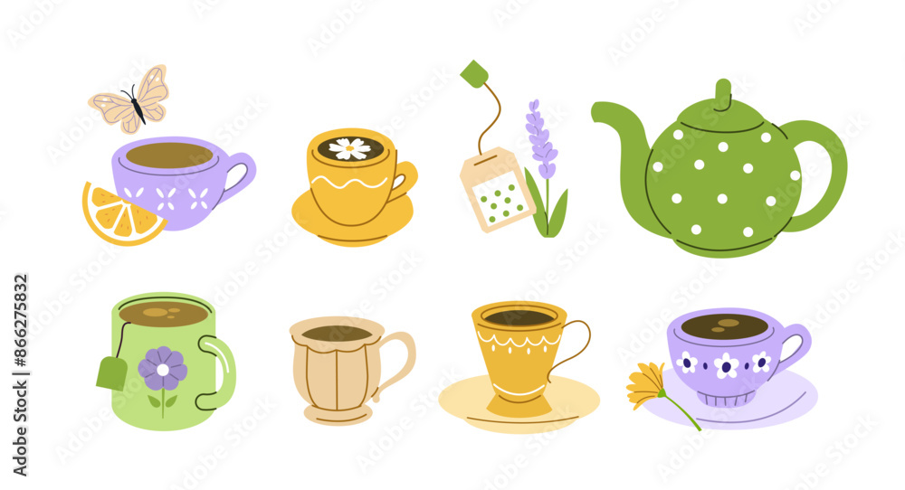 Various herbal teas and wild flower drinks set. Collections of teapot, enamel mug with saucer, porcelain cup and other teacups to serve at tea party. Vector illustration. Various herbal teas and wild flower drinks set. Collections of teapot, enamel mug with saucer, porcelain cup and other teacups to serve at tea party. Vector illustration.