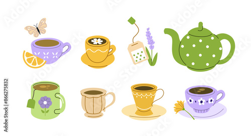 Various herbal teas and wild flower drinks set. Collections of teapot, enamel mug with saucer, porcelain cup and other teacups to serve at tea party. Vector illustration.