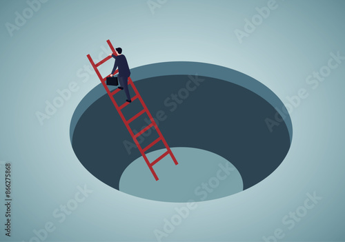 Businessman successfully escaped from the dark cave. Conquering adversity, career improvement concept.