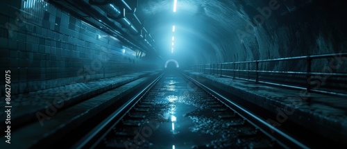Wallpaper Mural Moody Underground Tunnel with Wet Train Tracks and Blue Neon Lighting Torontodigital.ca