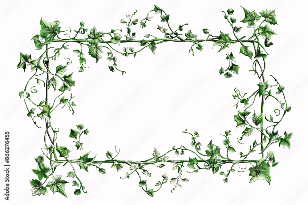 A frame made of green ivy leaves and vines on a white background A frame made of green ivy leaves and vines on a white background