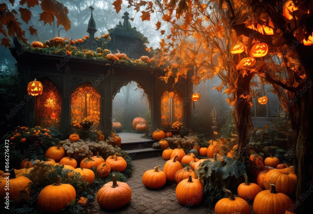 Obraz premium enchanted garden glowing pumpkins, magical, fantasy, halloween, decorations, illuminated, lanterns, outdoor, event, lights, autumn, festive, atmosphere, fall