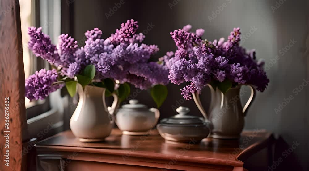 Lilacs in pitchers on the bedroom dresser Lilacs in pitchers on the bedroom dresser