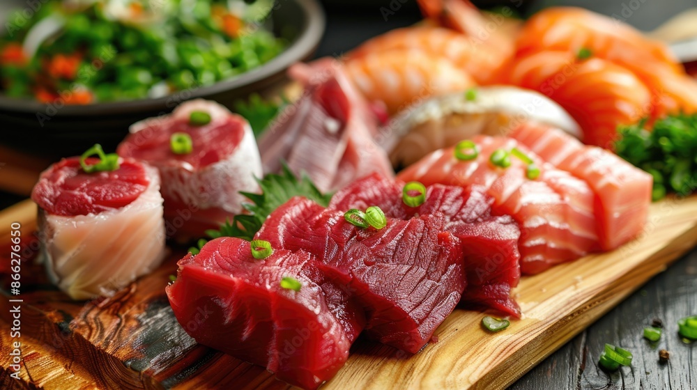 Close up of Fresh raw Tako fillet steak and sashimi on wooden board background, delicious food for dinner, healthy food, ingredients for cooking Close up of Fresh raw Tako fillet steak and sashimi on wooden board background, delicious food for dinner, healthy food, ingredients for cooking