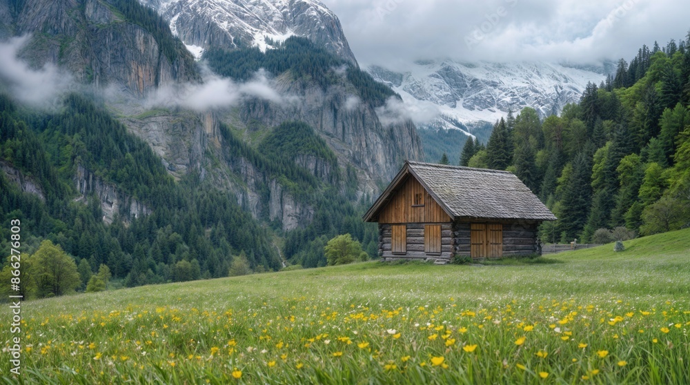 old wooden hut cabin in mountain alps at rural landscape old wooden hut cabin in mountain alps at rural landscape