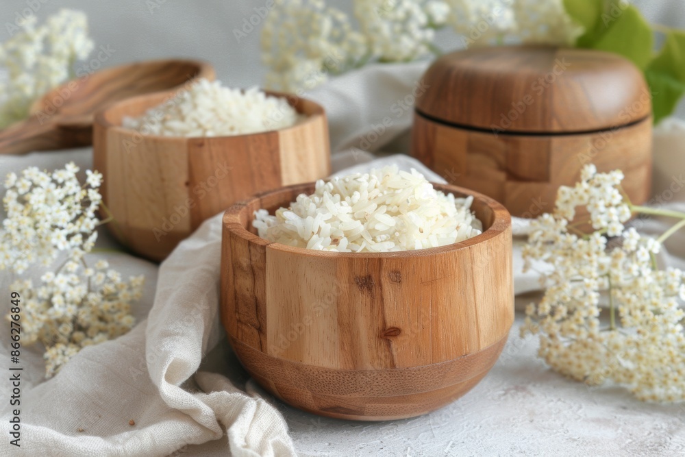 Freshly cooked white rice in wooden bowls with floral accents Freshly cooked white rice in wooden bowls with floral accents