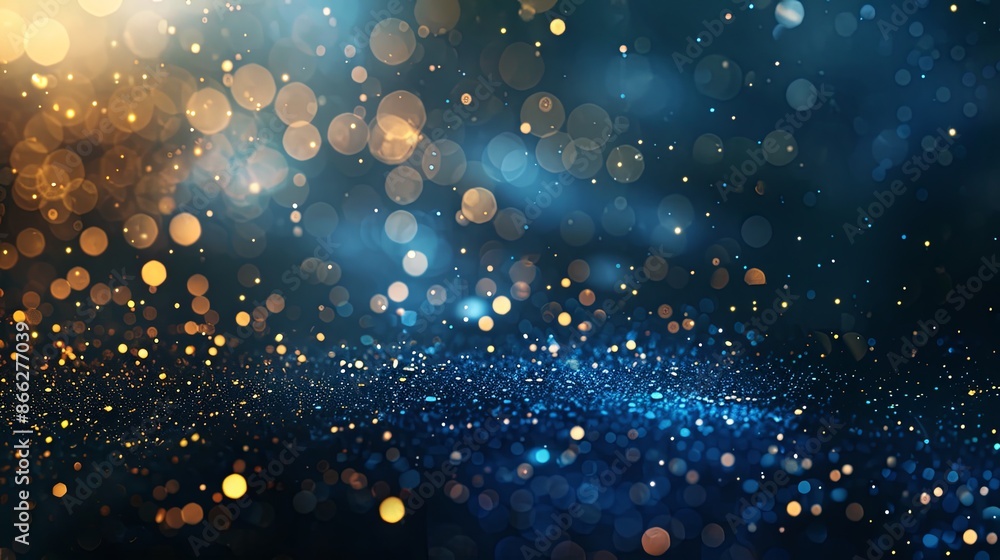 Obraz premium New Year background with fireworks and bokeh lights. Golden glitter on blue night sky