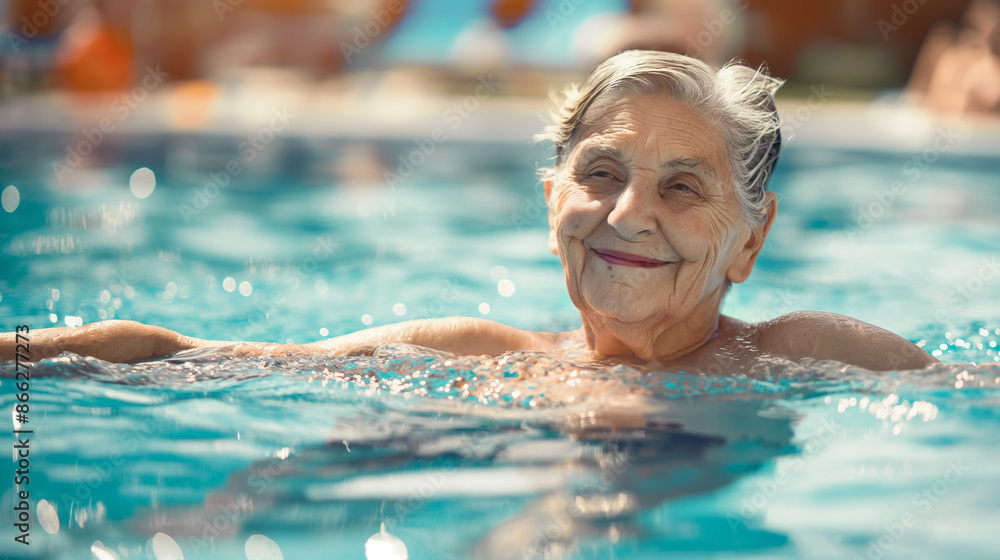 Fototapeta premium An elderly woman swims in an outdoor pool demonstrating vitality and enjoying a sunny day