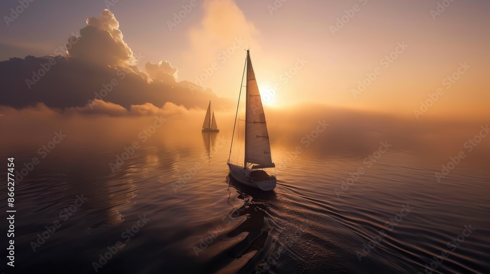 Fototapeta premium Tranquil Sunset Sailing with Boats on Calm Water and Dramatic Sky in the Background