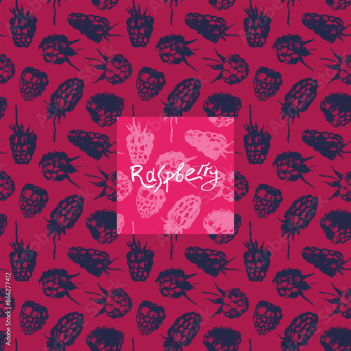 Abstract raspberry hand drawn illustrations. Vector raspberries drawings. Raspberry banner with berries pattern seamless. Juice or jam label design. Blueberries background. Engraved print texture.