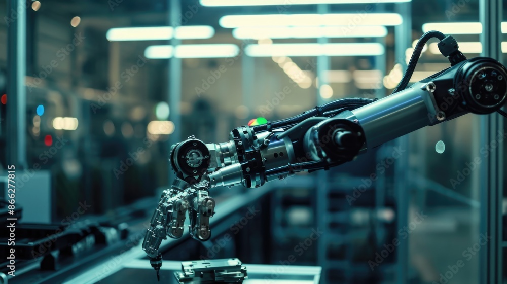 Close up robotic arm working in hi tech technology factory for complex product assembly automation Close up robotic arm working in hi tech technology factory for complex product assembly automation
