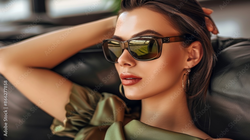 Naklejka premium Stylish woman relaxing in sunglasses on luxurious leather sofa
