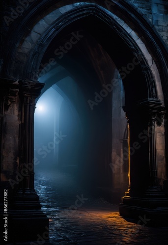 eerie gothic archway illuminated glowing eyes dark atmosphere, spooky, mysterious, ancient, structure, entrance, portal, supernatural, haunting, mystical, shadowy, stone