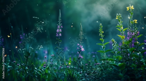 Enchanting midnight garden with luminescent fireflies © volga