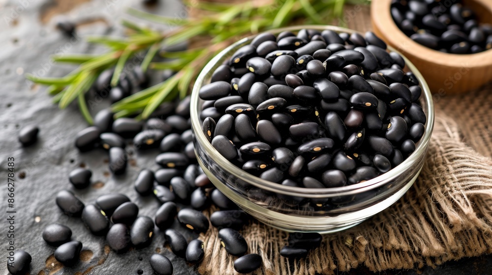 Black beans in glass bowl on rustic kitchen table Black beans in glass bowl on rustic kitchen table
