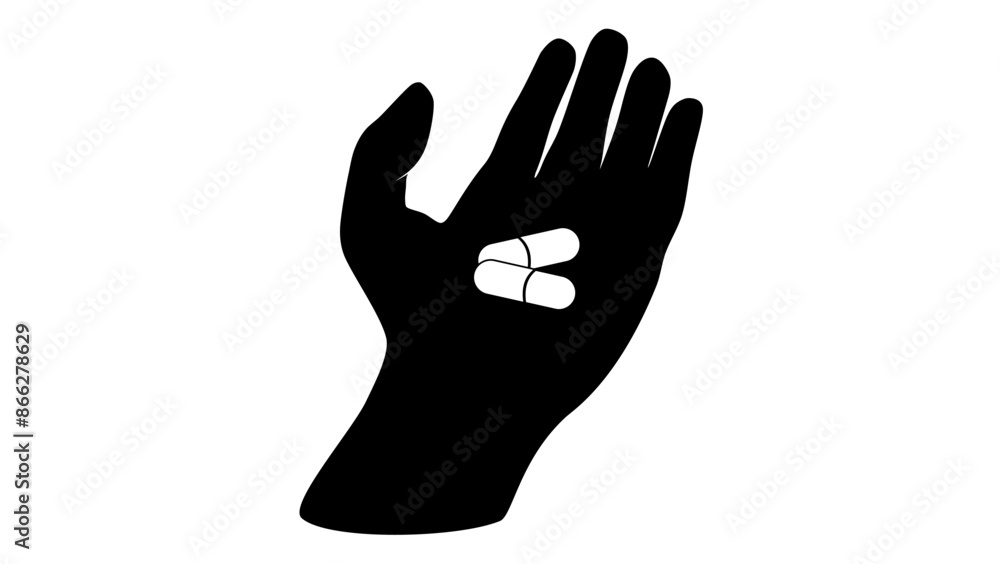 hand with pills, black isolated silhouette hand with pills, black isolated silhouette