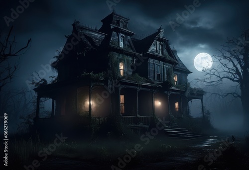 eerie haunted house facade flickering lights night, spooky, creepy, abandoned, mysterious, dark, atmospheric, gothic, shadows, glowing, vintage, unsettling