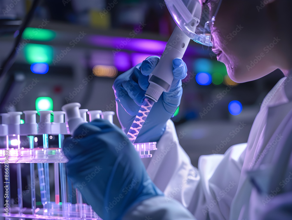 Scientist in lab coat examines DNA sequencing results on computer screen with test tubes nearby. Scientist in lab coat examines DNA sequencing results on computer screen with test tubes nearby.