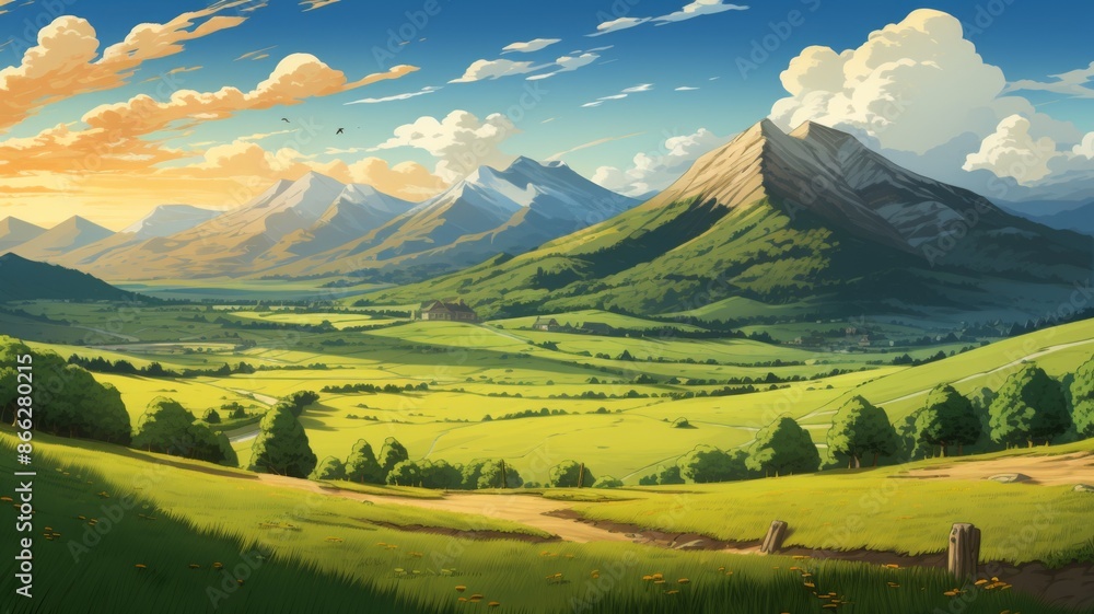 Obraz premium Idyllic Green Valley With Mountains. Serene Landscape Painting