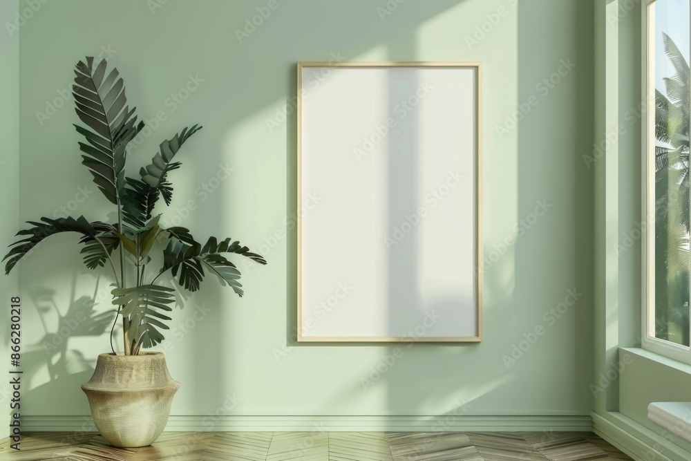 Close-up layout of poster frame in empty interior, 3d visualization, Olive background Close-up layout of poster frame in empty interior, 3d visualization, Olive background