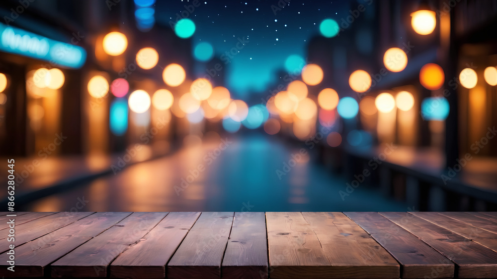 Empty wooden table with neon light bokeh background Empty wooden table with neon light bokeh background