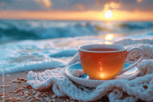 Fototapeta Naklejka Na Ścianę i Meble -  A cup tea or coffee on sand beach in front of the sea professional photography