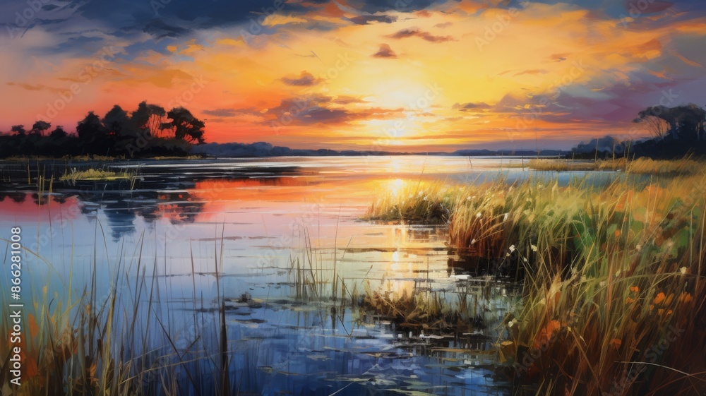 Serene Sunset over Tranquil Lake. A Painting of Nature's Beauty Serene Sunset over Tranquil Lake. A Painting of Nature's Beauty