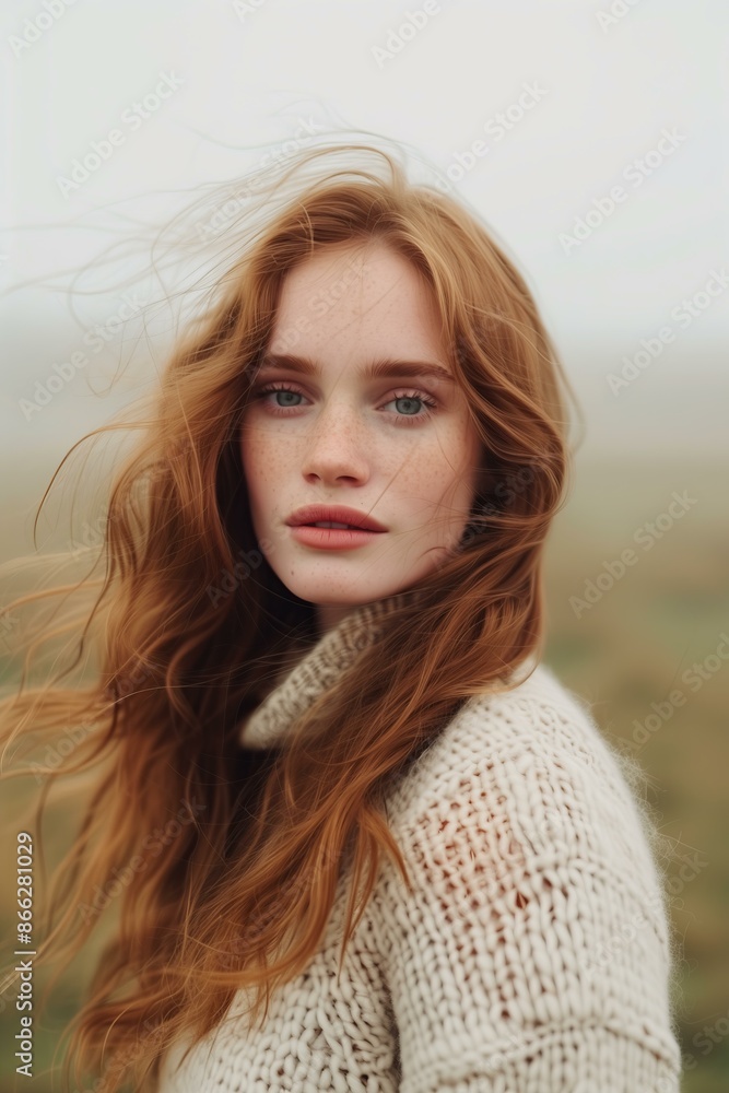 woman with long, wavy auburn hair wearing a cozy cream sweater, standing in a misty field woman with long, wavy auburn hair wearing a cozy cream sweater, standing in a misty field