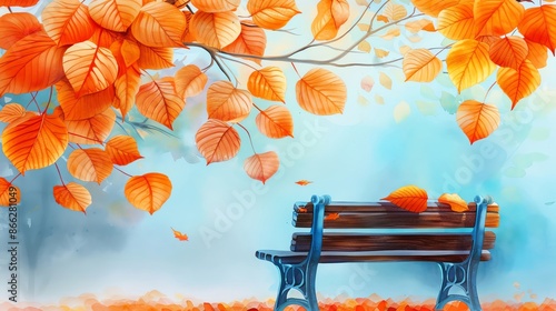 Tranquil park scene with bench underneath vibrant orange autumn leaves, creating a serene and colorful fall atmosphere in nature. photo