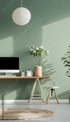 Modern home office interior with mint green wall, desk and computer mock up, simple decor, professional work space concept