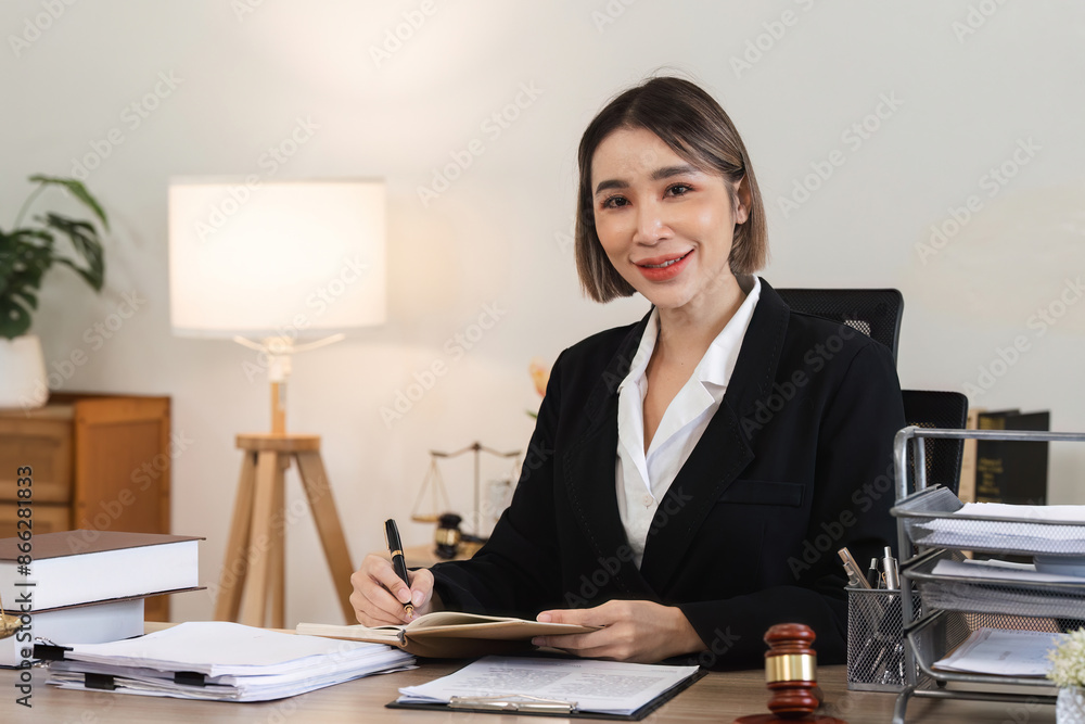 Professional Female Lawyer Reviewing Legal Documents in Modern Office Setting for Lawsuit Preparation