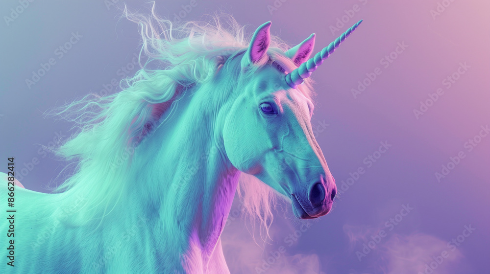 Fototapeta premium A light blue unicorn on the lavender background