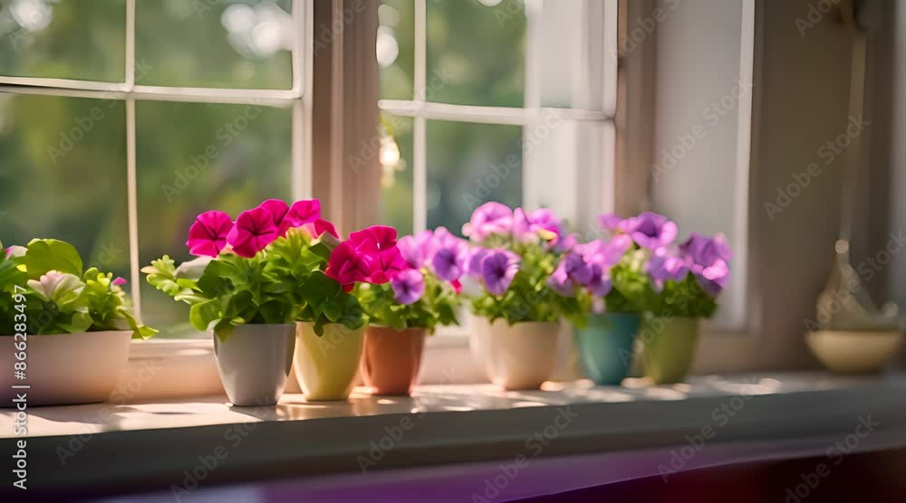 Petunias in cups on the kitchen windowsill Petunias in cups on the kitchen windowsill