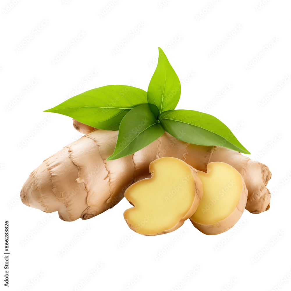Fototapeta premium Fresh ginger root with green leaves isolated on transparent or white background, png