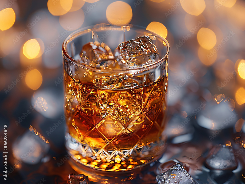 a whiskey glass with ice and a stirring spoon, set against a background with blurred lights. a whiskey glass with ice and a stirring spoon, set against a background with blurred lights.