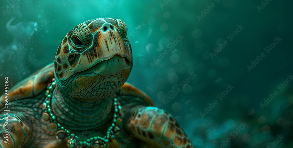 Obraz premium A turtle in a necklace on a turquoise background, combining elegance and whimsicality in a charming and unique artistic image
