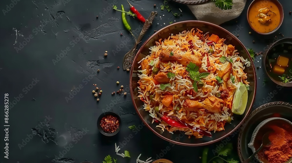 Spicy and delicious chicken biryani top view Spicy and delicious chicken biryani top view