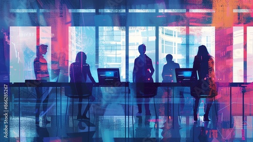 A group of business professionals in a modern office space.