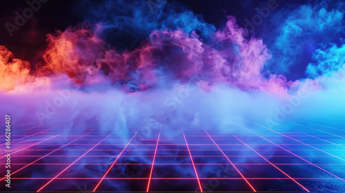 Neon grid floor glowing under abstract smoke in digital world