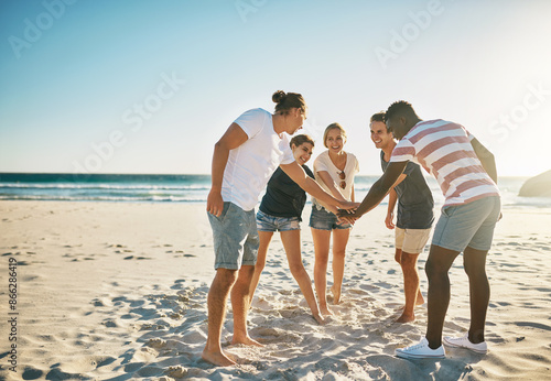 Canvas Print Beach, stack and group with hands together, travel and vacation with support, team building and nature