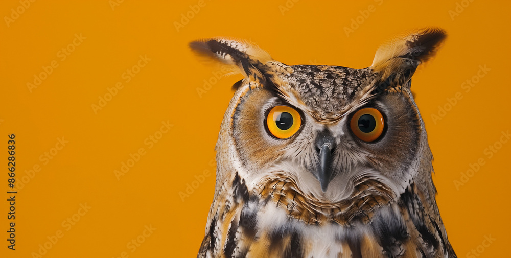 Curious owl with bright yellow eyes staring directly into the camera against a solid orange background, showcasing vivid details of feathers and expressions Curious owl with bright yellow eyes staring directly into the camera against a solid orange background, showcasing vivid details of feathers and expressions