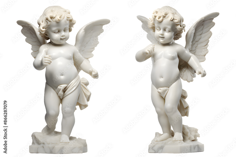 Fototapeta premium White marble statue of sitting cherub, isolated on transparent background
