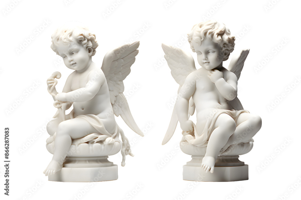 White marble statue of sitting cherub, isolated on transparent background White marble statue of sitting cherub, isolated on transparent background