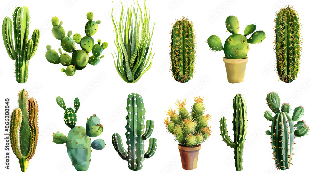 Collection of Cacti Set Against a Clean White Background. Collection of Cacti Set Against a Clean White Background.