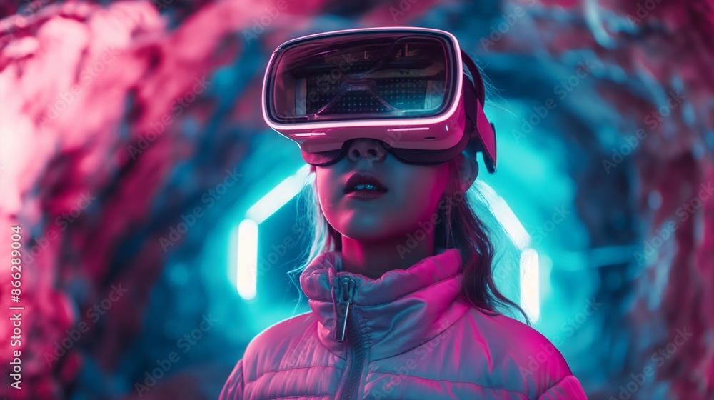 Kid with VR glasses in neon lights Kid with VR glasses in neon lights