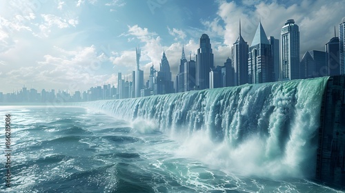 Futuristic Coastal City Flood Barrier System Protecting From Rising Seas