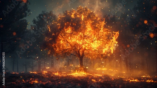 Fiery Tree Ablaze in Dark Enchanted Forest Symbolic Life and Destruction Concept © Thares2020